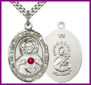1" Sterling Silver Scapular Medal, Your Choice of 3mm Swarovski Birthstone (Ruby Displayed), your choice of chain, # 48321