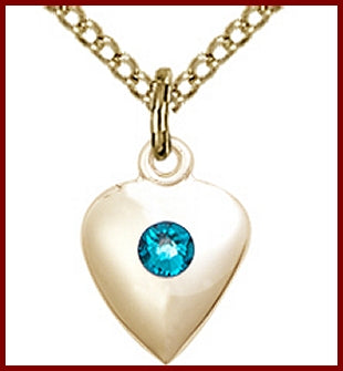 7/16" tall 14kt Gold Filled Heart Medal, Your Choice of 3mm Swarovski Birthstone (Zircon Displayed), your choice of chain, # 48326