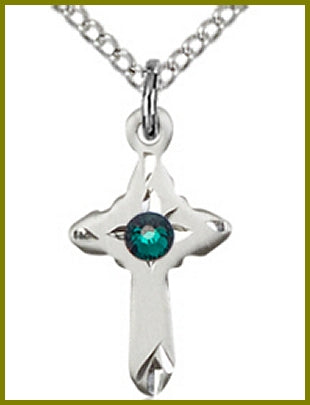 5/8" Sterling Silver Cross, Your Choice of 3mm Swarovski Birthstone (Emerald Displayed), your choice of chain, # 48329