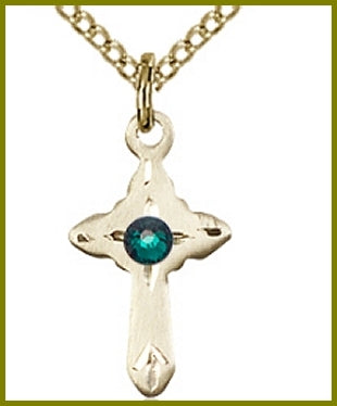 5/8" 14kt Gold Filled Cross, Your Choice of 3mm Swarovski Birthstone (Emerald Displayed), your choice of chain, # 48330