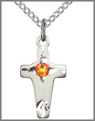 5/8" Sterling Silver Cross, Your Choice of 3mm Swarovski Birthstone (Topaz Displayed), your choice of chain, # 48333