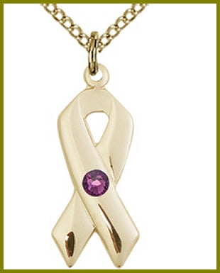 7/8" 14kt Gold Filled Ribbon Medal, Your Choice of 3mm Swarovski Birthstone (Amethyst Displayed), your choice of chain, # 48338