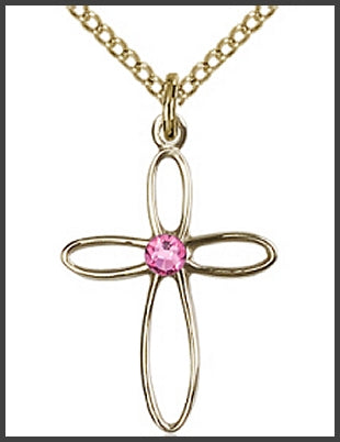 3/4" 14kt Gold Filled Cross, Your Choice of 3mm Swarovski Birthstone (Rose Displayed), your choice of chain, # 48342
