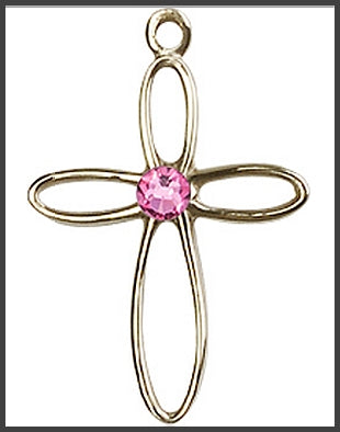 3/4" Solid 14kt Gold Cross, Your Choice of 3mm Swarovski Birthstone (Rose Displayed), Free Chain, # 48343