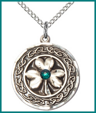 3/4" Sterling Shamrock Medal, Your Choice of 3mm Swarovski Birthstone (Emerald Displayed), your choice of chain, # 48353