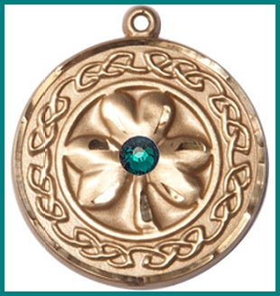 3/4" Solid 18kt Gold Shamrock Medal, Your Choice of 3mm Swarovski Birthstone (Emerald Displayed), Free Chain, # 48356