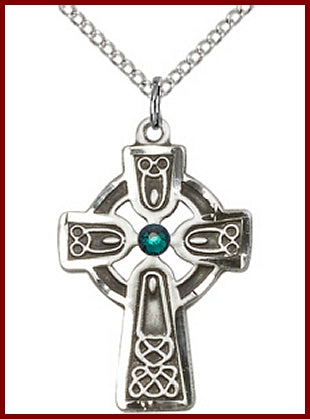 1" Sterling Silver Celtic Cross, Your Choice of 3mm Swarovski Birthstone (Emerald Displayed), your choice of chain, # 48358