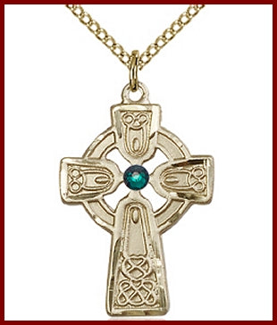 1" 14kt Gold Filled Celtic Cross, Your Choice of 3mm Swarovski Birthstone (Emerald Displayed), your choice of chain, # 48359