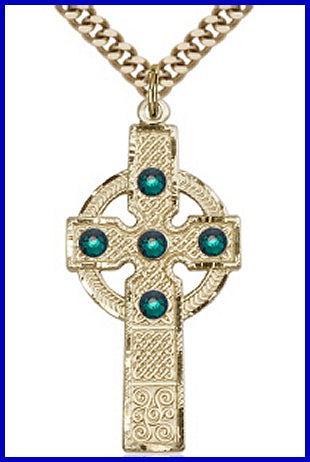 1-3/8" 14kt Gold Filled, Kilklispeen Cross, Your Choice of 3mm Swarovski Birthstone (Emerald Displayed), your choice of chain, # 48363