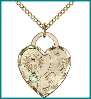 3/4" 14kt Gold Filled Footprints Heart, Your Choice of 3mm Swarovski Birthstone (Peridot Displayed), your choice of chain, # 48367