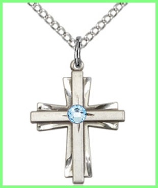 3/4" Sterling Silver Cross, Your Choice of 3mm Swarovski Birthstone (Aqua Displayed), your choice of chain, # 48386