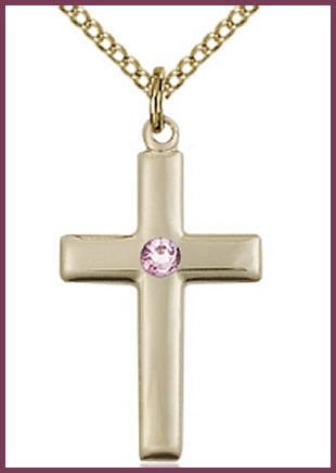 7/8" 14kt Gold Filled Cross, Your Choice of 3mm Swarovski Birthstone (Light Amethyst Displayed), your choice of chain, # 48408