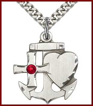 7/8" Sterling Silver Cross, Heart, Anchor, Your Choice of 3mm Swarovski Birthstone (Ruby Displayed), your choice of chain, # 48423