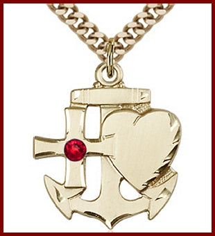 7/8" 14kt Gold Filled Cross, Heart, Anchor, Your Choice of 3mm Swarovski Birthstone (Ruby Displayed), your choice of chain, # 48424