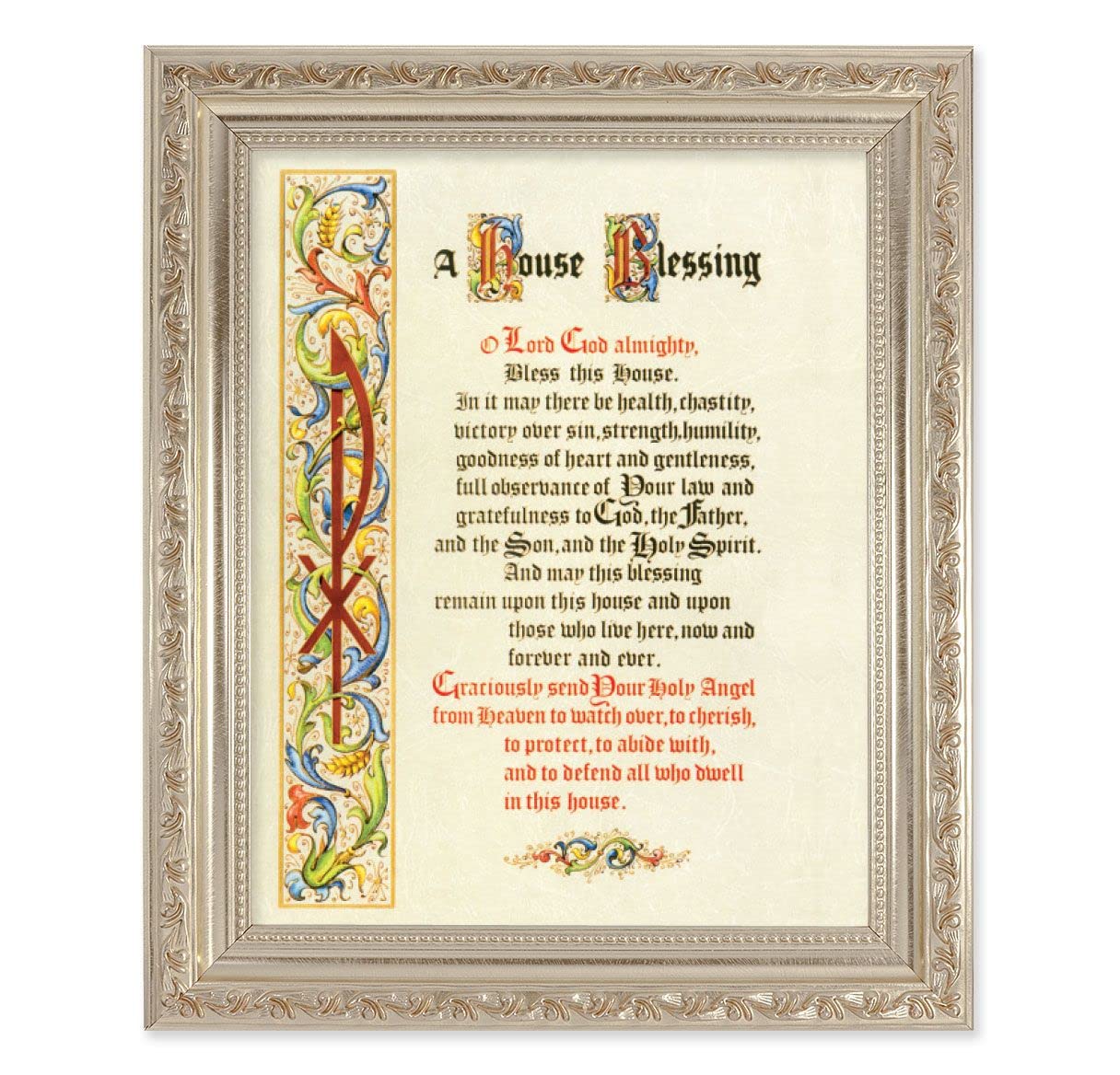 A House Blessing, 10"x12" Antique Silver & Carved Scrollwork Frame, Italian Print Under Glass # 26854
