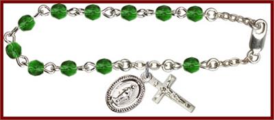 Silver Plate 4mm Fire Polished Rosary Bracelet, 6-1/2", Emerald, # 48508