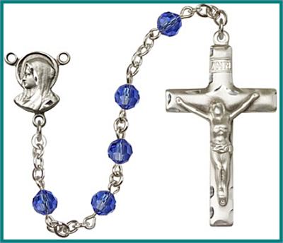 Silver Plate 6mm Swarovski Bead Rosary, Sapphire, # 48609