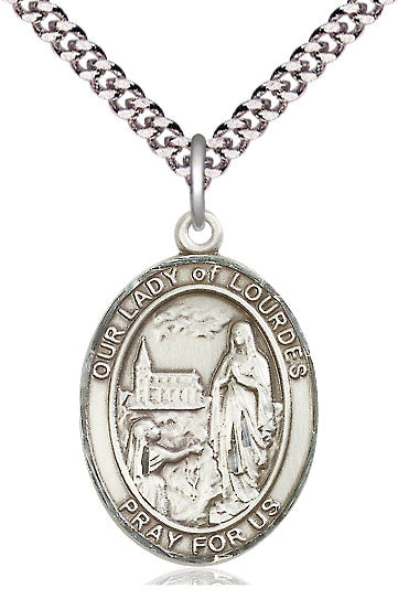 Our Lady of Lourdes Medal in Fine Pewter, 1" tall, Your Choice of Chain, # 4868