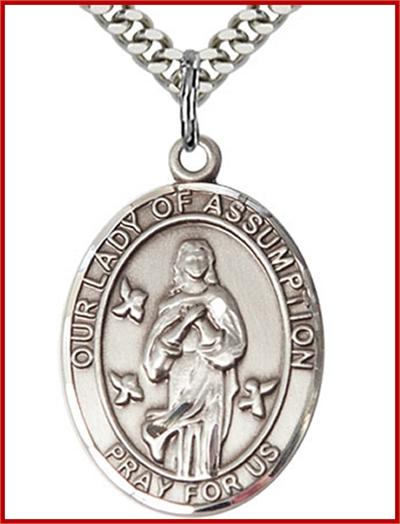 Our Lady of Assumption Medal, Sterling Silver, 1"x3/4", your choice of chain, # 48738