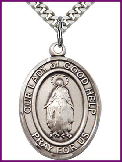 Our Lady of Good Help Medal, Sterling Silver, 1"x3/4", your choice of chain, # 48758
