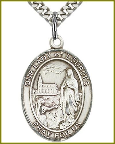 Our Lady of Lourdes Medal, Sterling Silver, 1"x3/4", Your Choice of Chain, # 48790