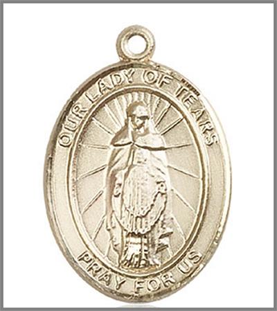Our Lady of Tears Medal, Solid 14kt Gold, 1"x3/4", Free Chain, # 48831