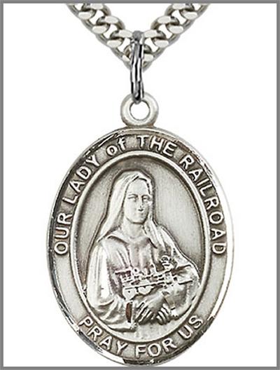 Our Lady of the Railroad Medal, Sterling Silver, 1"x3/4", Your Choice of Chain, # 48834