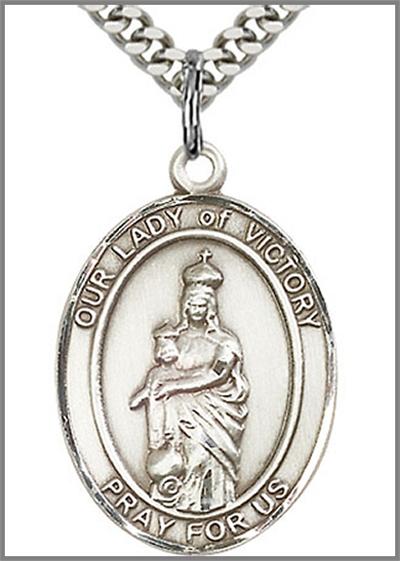 Our Lady of Victory Medal, Sterling Silver, 1"x3/4", Your Choice of Chain, # 48838