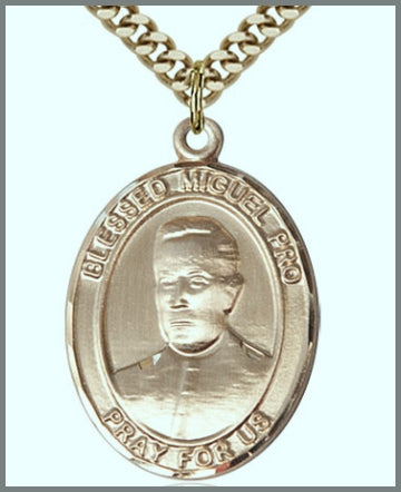 Blessed Miguel Pro Medal, 14kt Gold Filled, 1"x3/4", 24" Gold Plated Chain, # 48869