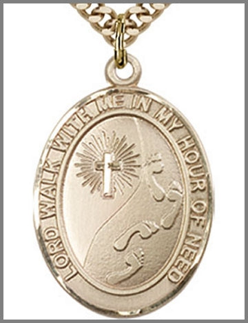 Footprints / Cross Medal, 14kt Gold Filled, 1"x3/4", 24" Gold Plated Chain, # 48884