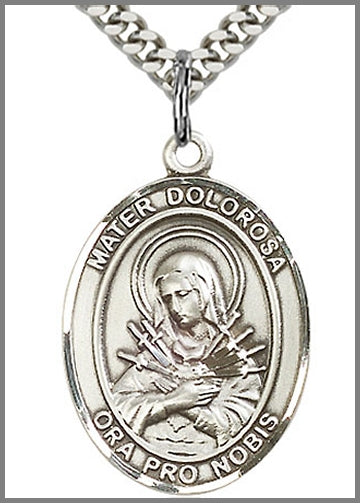 Mater Dolorosa Medal, Sterling Silver, 1"x3/4", 24" Silver-Tone Chain, # 48906