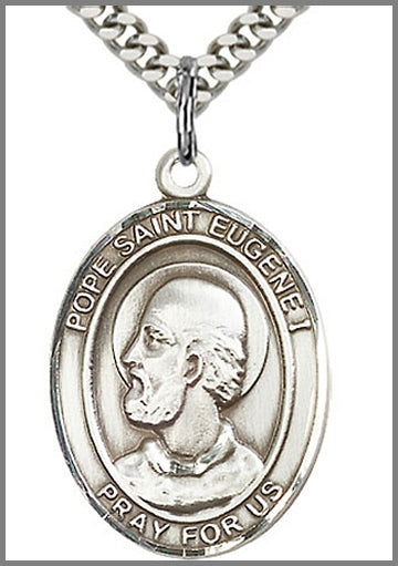 Pope St. Eugene I Medal, Sterling Silver, 1"x3/4", 24" Silver-Tone Chain, # 48912