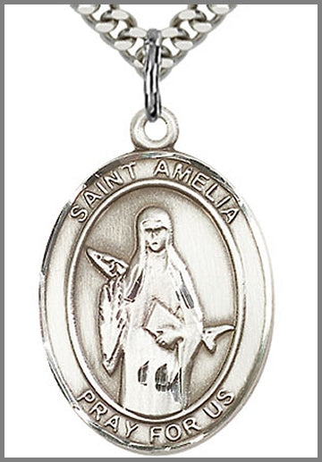 St. Amelia Medal, Sterling Silver, 1"x3/4", Your Choice of Chain, # 48967