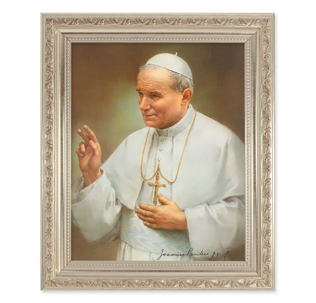 St. John Paul II, 10"x12" Antique Silver & Carved Scrollwork Frame, Italian Print Under Glass # 26860