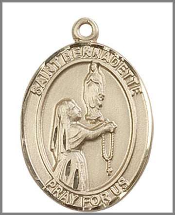 St. Bernadette Medal, Solid 14kt Gold, 1"x3/4", Free Chain, # 49051