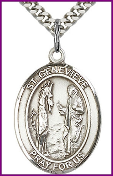 St. Genevieve Medal, Sterling Silver, 1"x3/4", Your choice of chain, # 49318