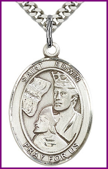 St. Edwin Medal, Sterling Silver, 1"x3/4", Your choice of chain, # 49392