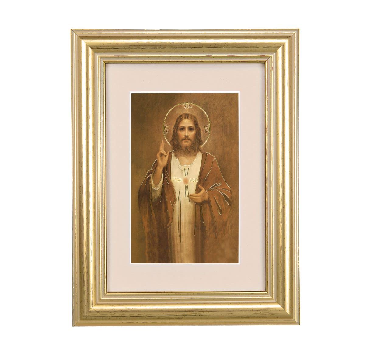 Sacred Heart of Jesus Picture, 5"x6.5" Antique Gold Fluted Frame, Behind Cream Velvet Matting # 28227