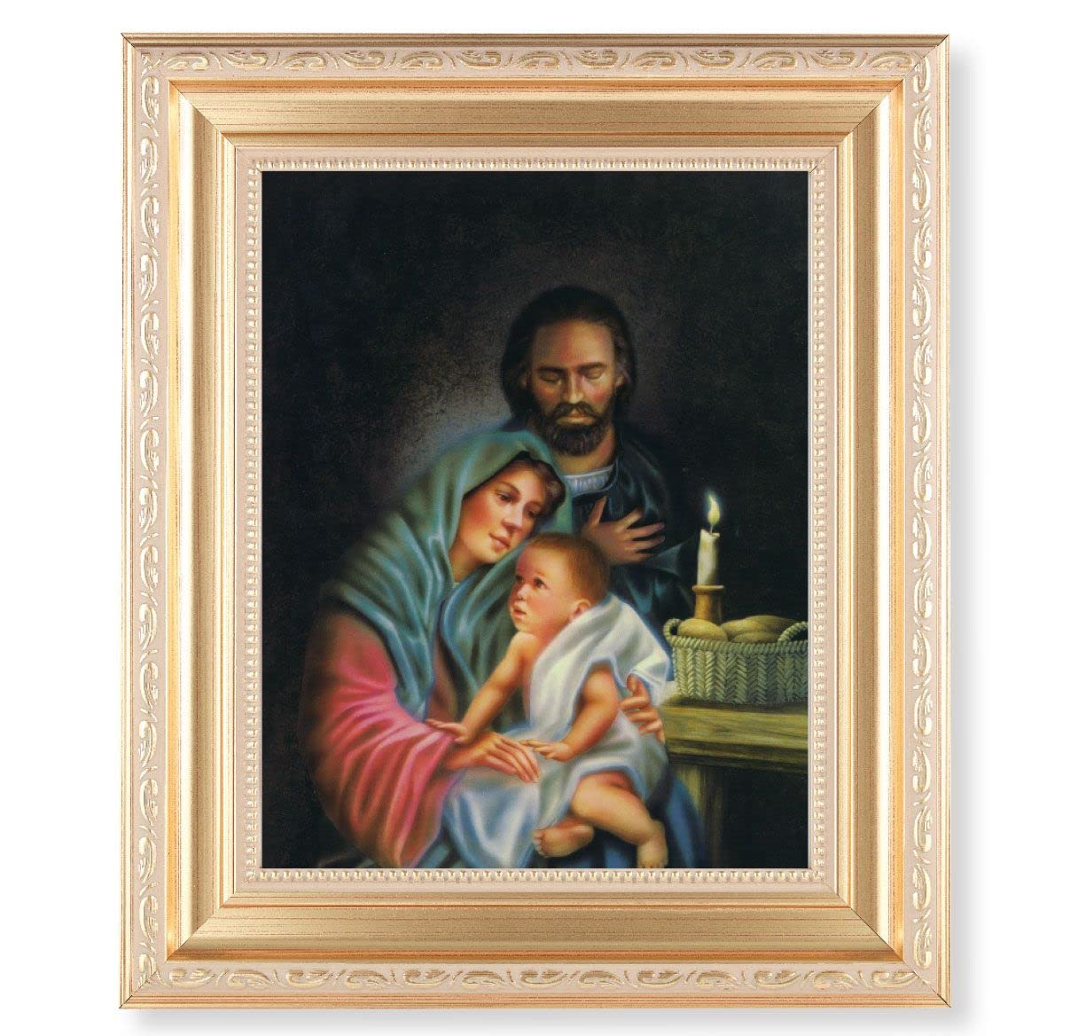 Holy Family Print, 11.5"x13.5" Satin Gold Frame, Distressed Finish with Scrollwork, Italian Print Under Glass # 26530