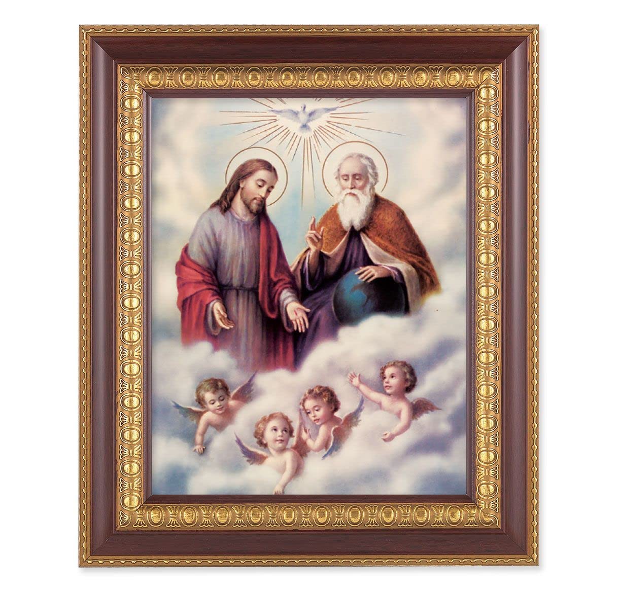 The Holy Trinity, 11-1/2"x13-1/2, Cherry Finish with Gold Egg & Dart Frame, Italian Print Under Glass # 25969
