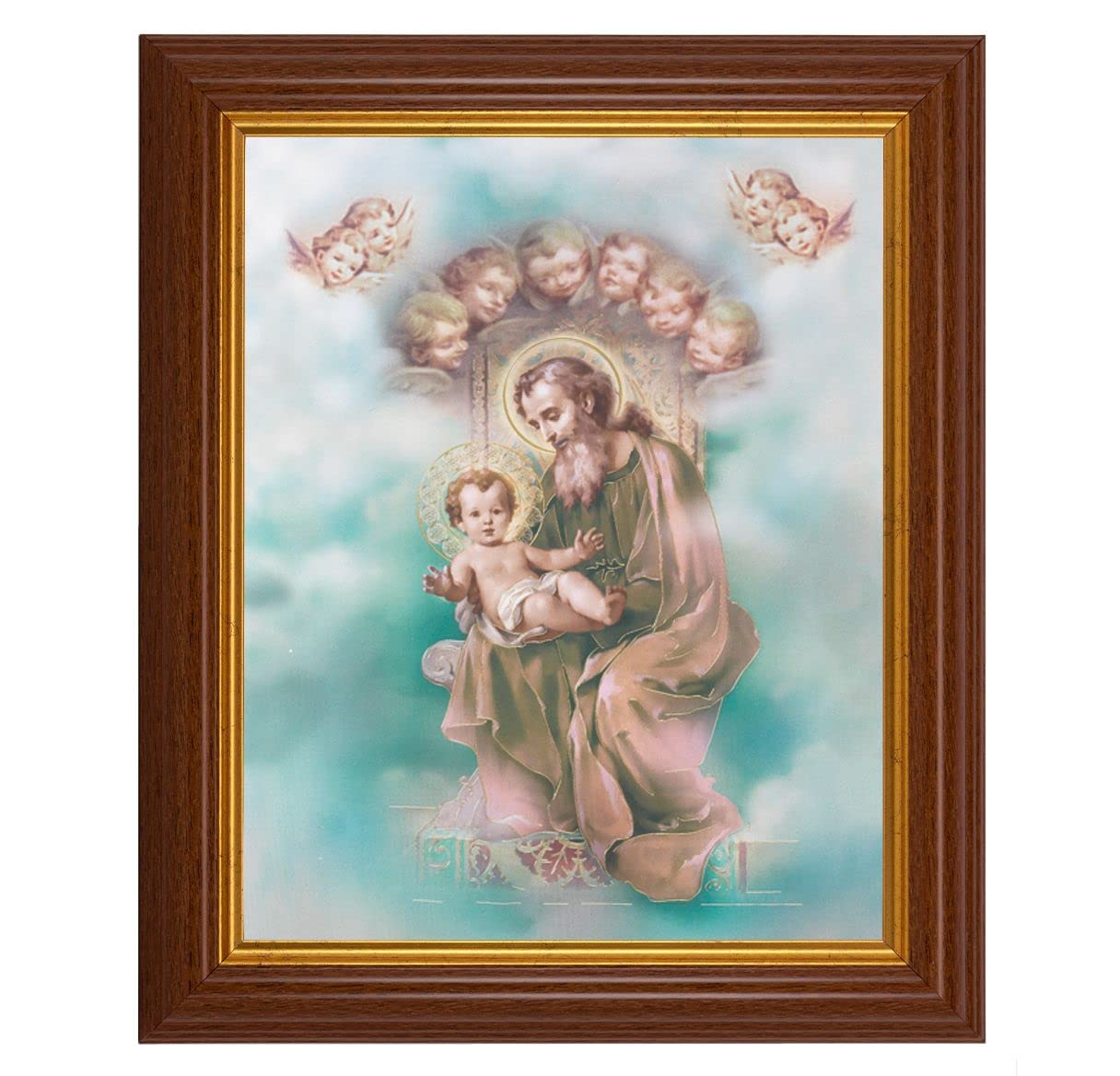 St. Joseph and Child Enthroned, 10.5"x12.5" Walnut Finished Fluted Frame, Gold Beaded Lip, Italian Print # 27060