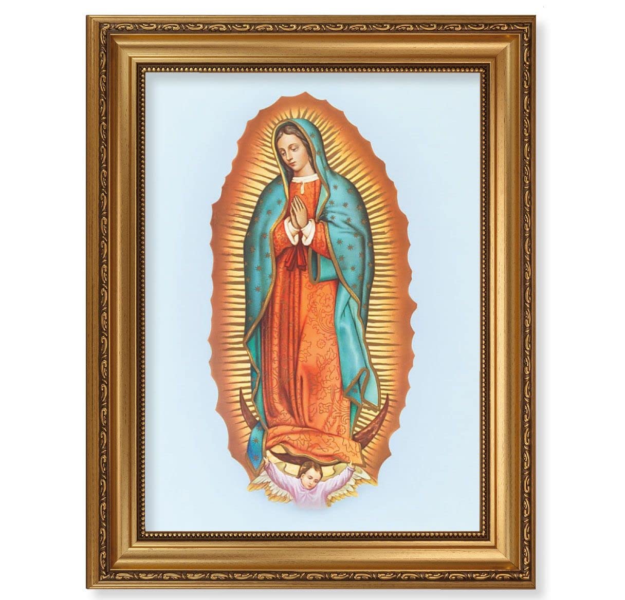 Our Lady of Guadalupe Picture, 15-1/2"x19-1/2 Antique Gold Leaf Frame, Acanthus-Leaf Trim, Beaded Lip, Textured Italian Print # 22192