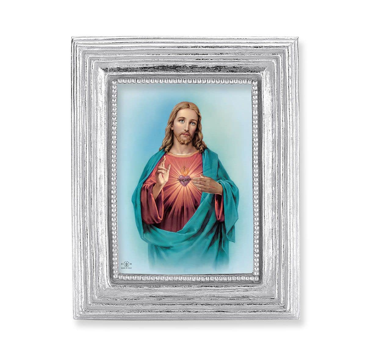 Sacred Heart Picture, Silver Finish 3-7/8"x4-3/4 Frame, Exclusive Gold Stamped Print Under Glass # 28357