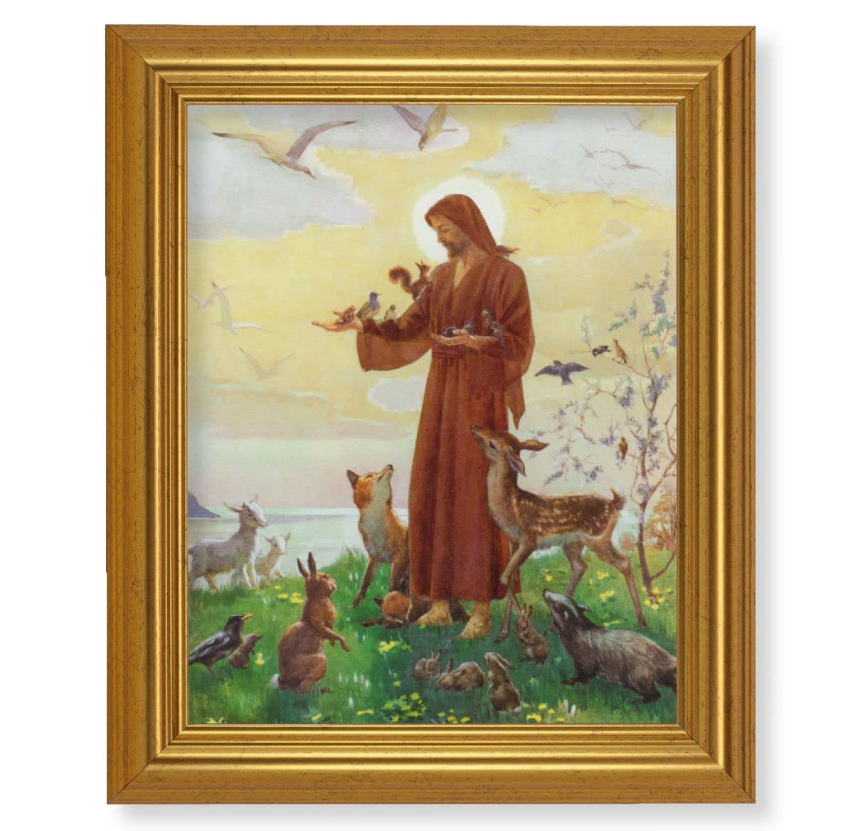 Jesus with Animals Picture, 10"x12" Gold-Leaf Finished Classic Frame, Italian Print on Artboard # 27379