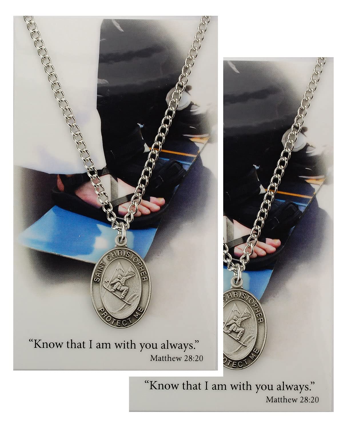 Boys Snow Boarding Pewter Medal with Laminated Holy Card and 24" Chain, 2-Count Value Pack. # 21396