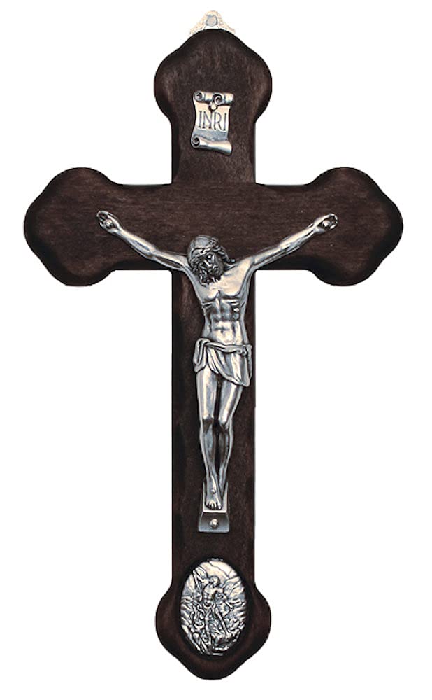 St. Michael Medallion Crucifix, Metal Figure on Wood Cross, 8.75", Made in Italy, # 21942