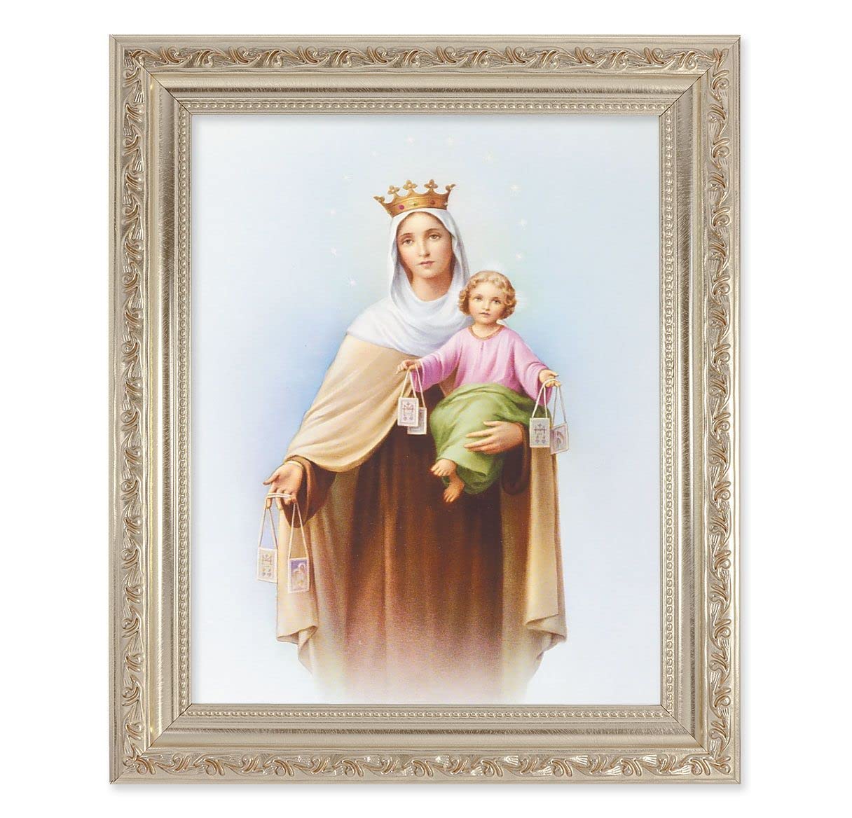 Our Lady of Mount Carmel, 10"x12" Antique Silver & Carved Scrollwork Frame, Italian Print Under Glass # 26794
