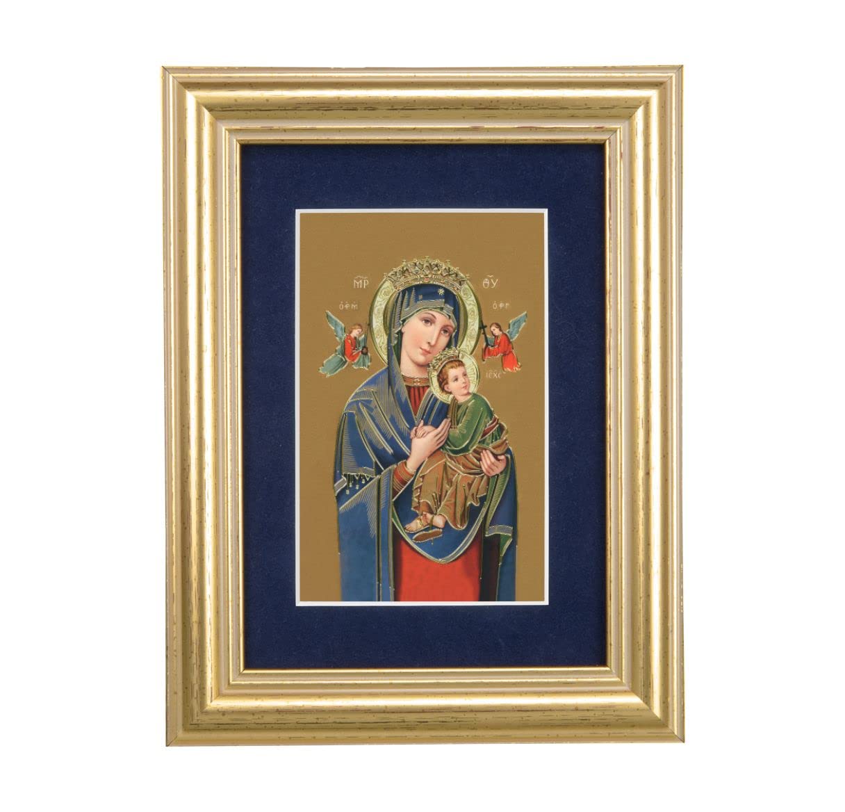 Our Lady of Perpetual Help Picture, 5"x6.5" Antique Gold Fluted Frame, Behind Blue Velvet Matting # 28261