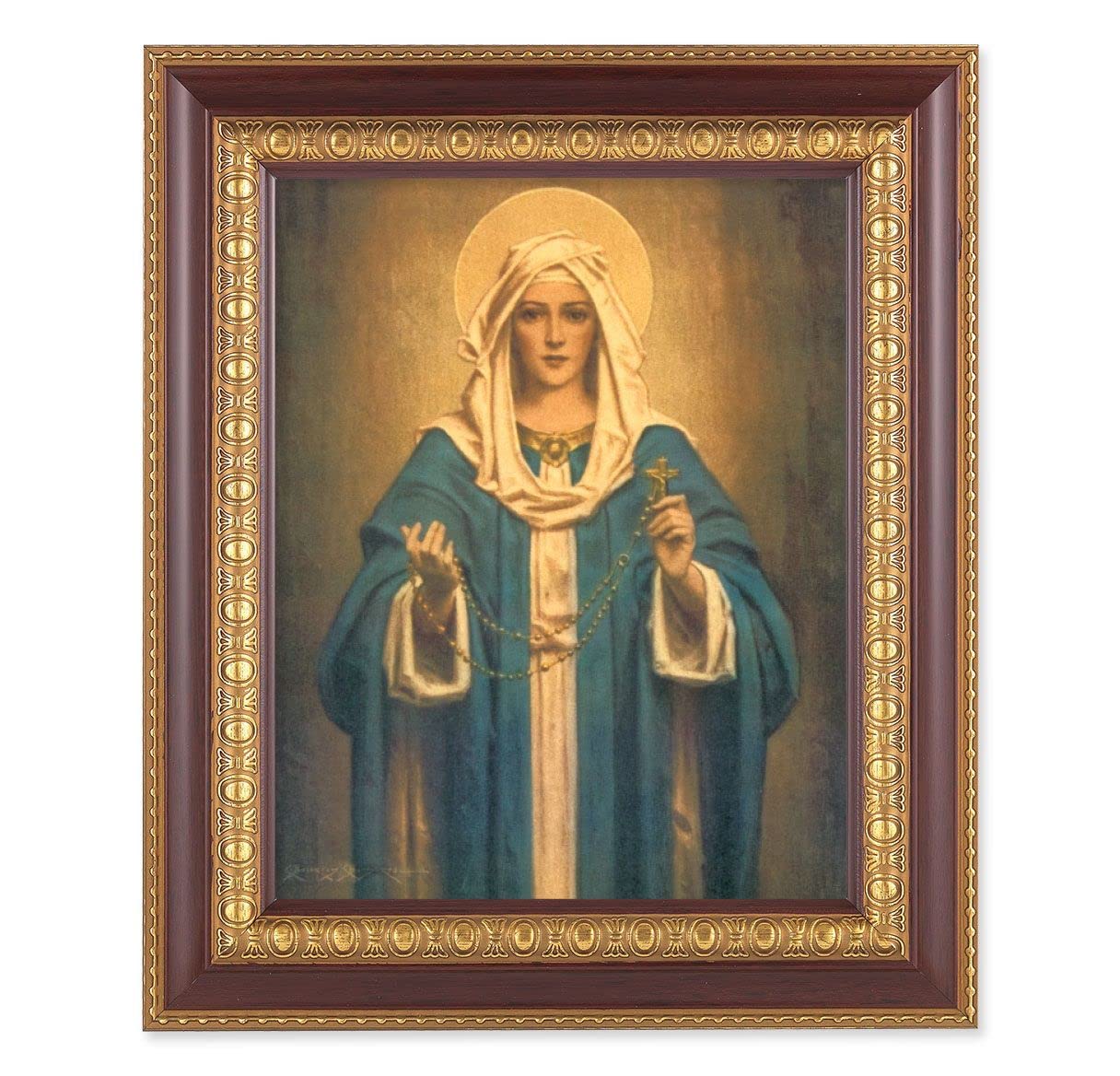 Our Lady of The Rosary Picture, 11-1/2"x13-1/2, Cherry Finish with Gold Egg & Dart Frame, Italian Print Under Glass # 26156