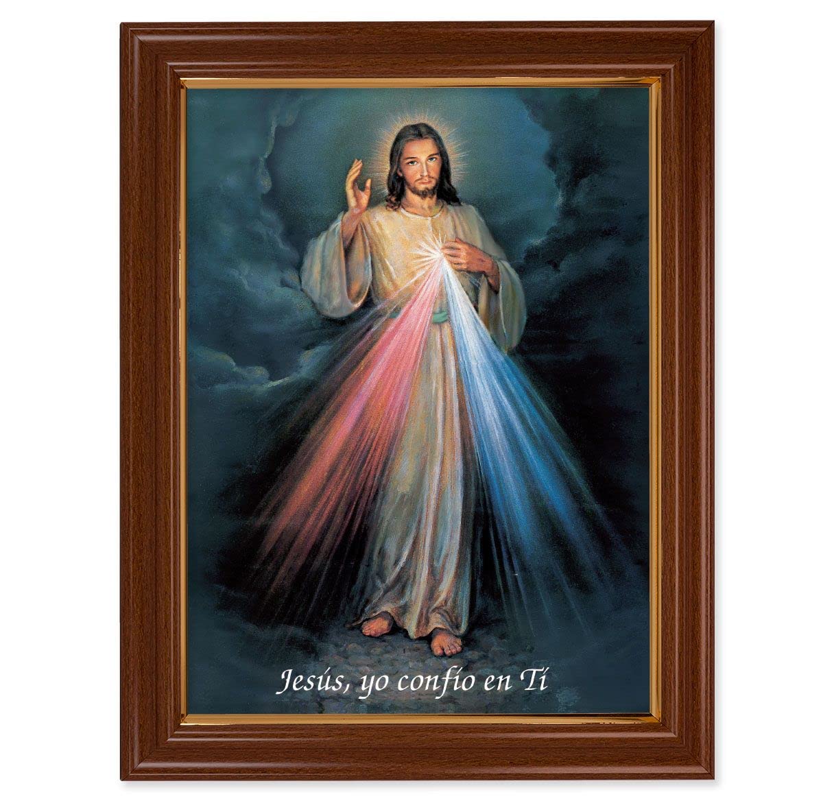 Divine Mercy in Spanish Picture, 15-1/2"x19-1/2 Walnut Finish Frame with Thin Gold Lip, Textured Italian Print # 22224